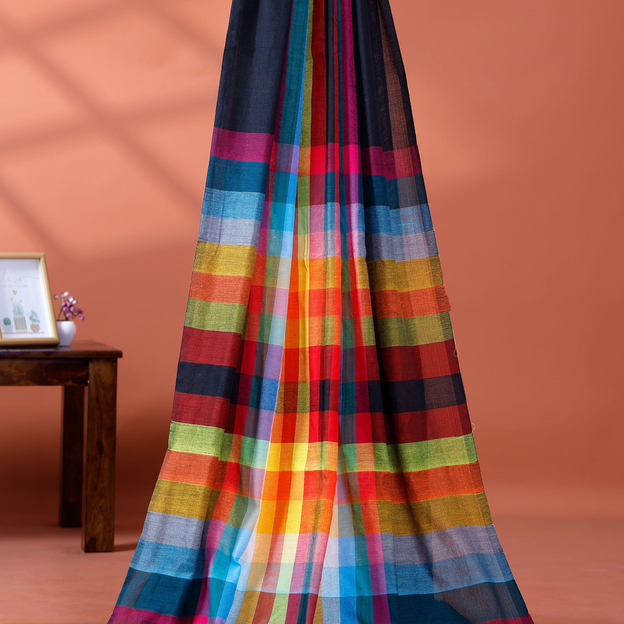 Elegant Rainbow Cotton Saree with Striped Pattern and Tassel Border - Black