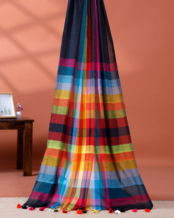 Elegant Rainbow Cotton Saree with Striped Pattern and Tassel Border - Black