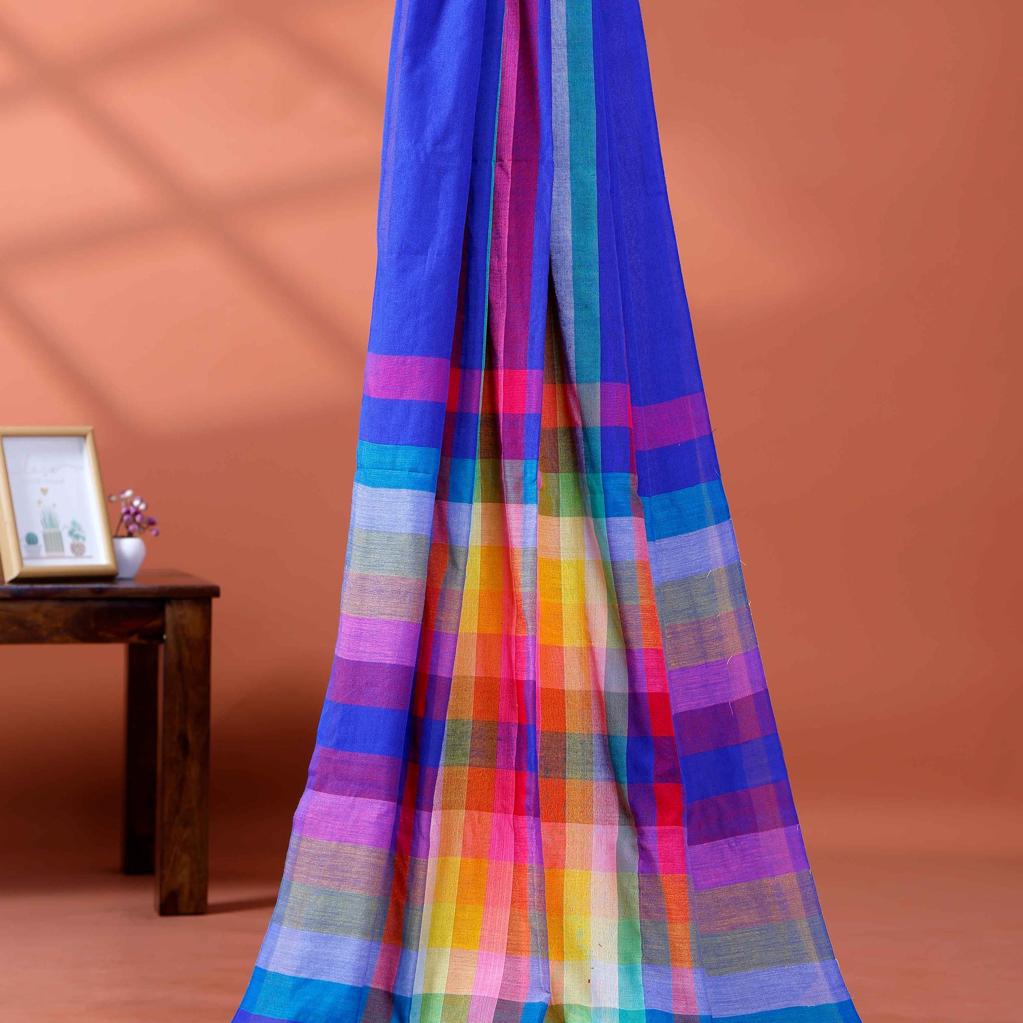 Elegant Rainbow Cotton Saree with Striped Pattern and Tassel Border - Blue