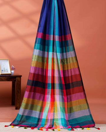Elegant Rainbow Cotton Saree with Striped Pattern and Tassel Border - Dark Blue