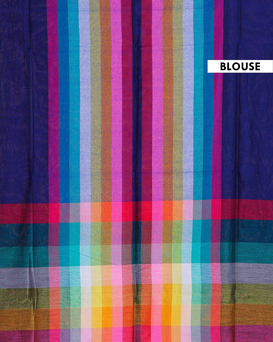 Elegant Rainbow Cotton Saree with Striped Pattern and Tassel Border - Dark Blue