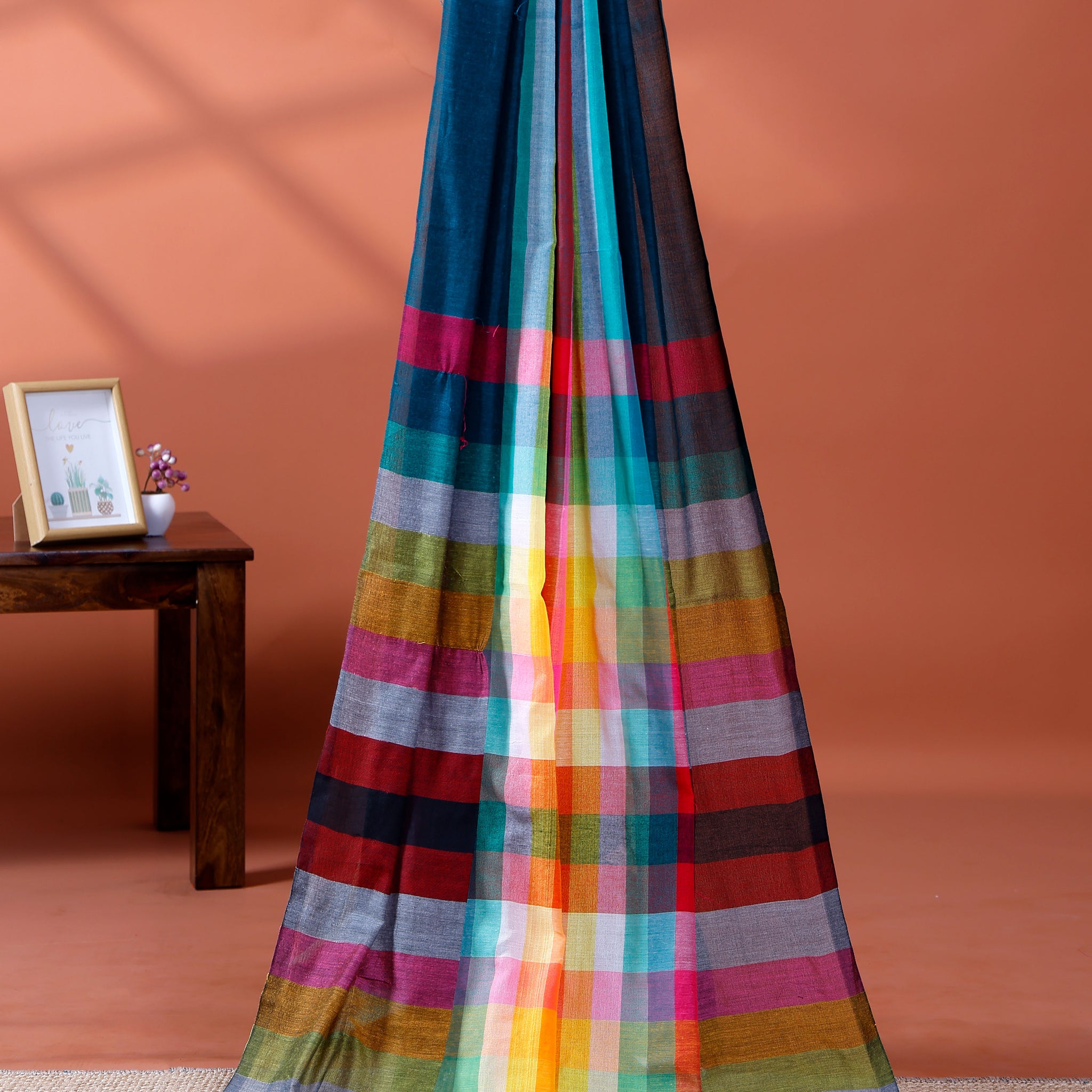 Elegant Rainbow Cotton Saree with Striped Pattern and Tassel Border - Teal