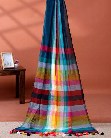 Elegant Rainbow Cotton Saree with Striped Pattern and Tassel Border - Teal