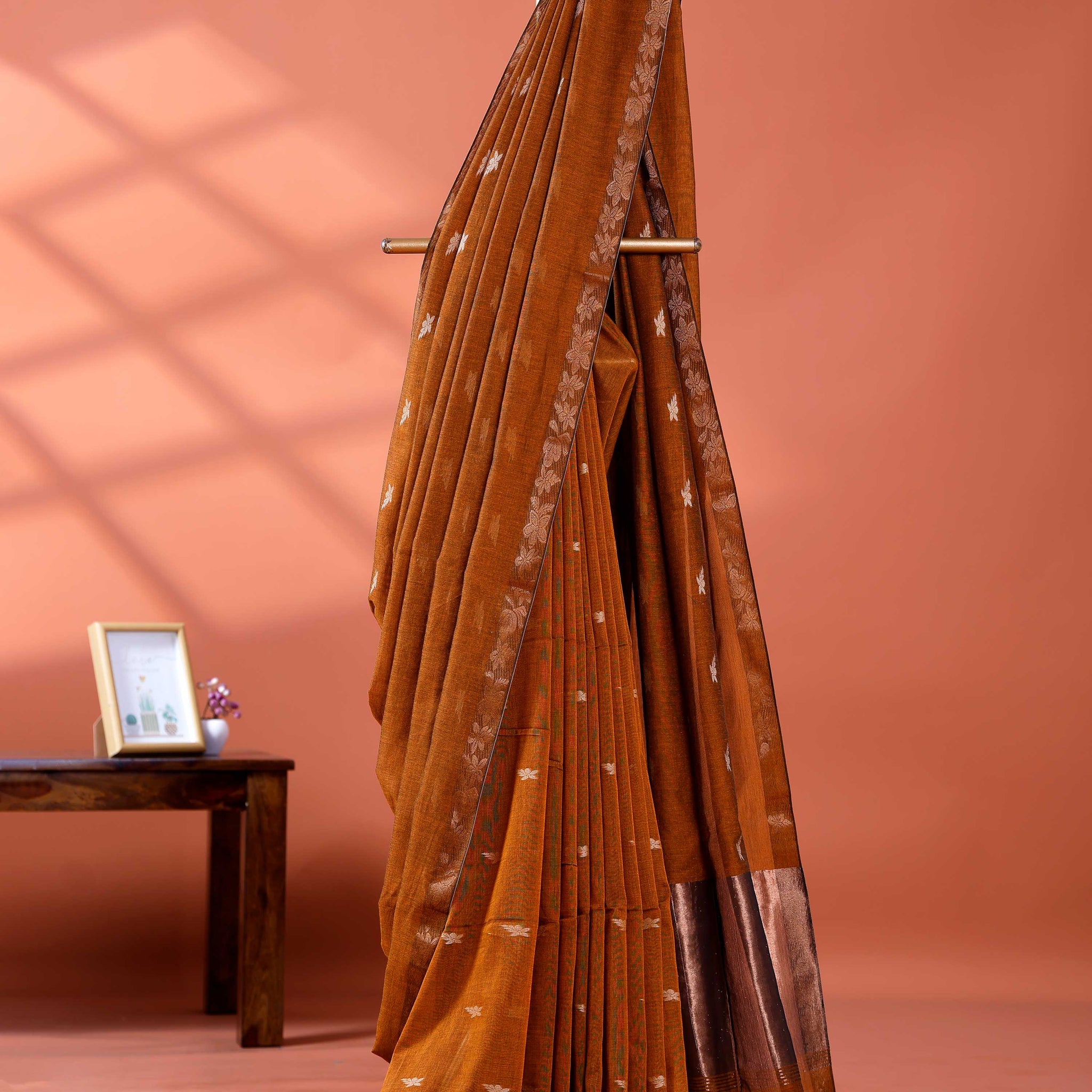 Elegant Golden Zari Cotton Saree With Zari Border and Motifs - Brown
