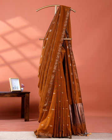 Elegant Golden Zari Cotton Saree With Zari Border and Motifs - Brown
