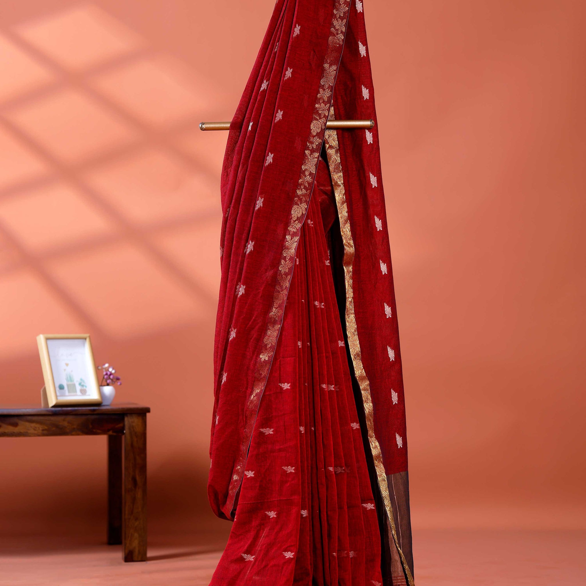 Elegant Golden Zari Cotton Saree With Zari Border and Motifs - Maroon