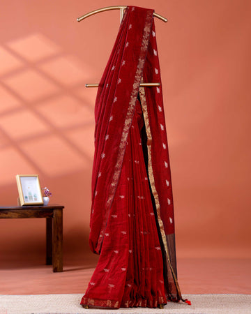 Elegant Golden Zari Cotton Saree With Zari Border and Motifs - Maroon