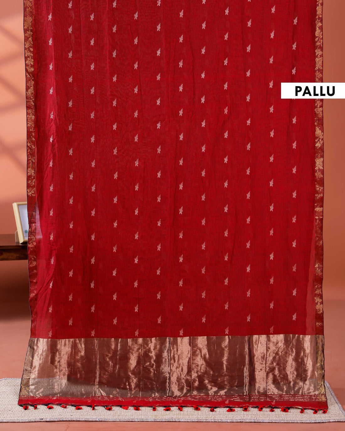 Elegant Golden Zari Cotton Saree With Zari Border and Motifs - Maroon