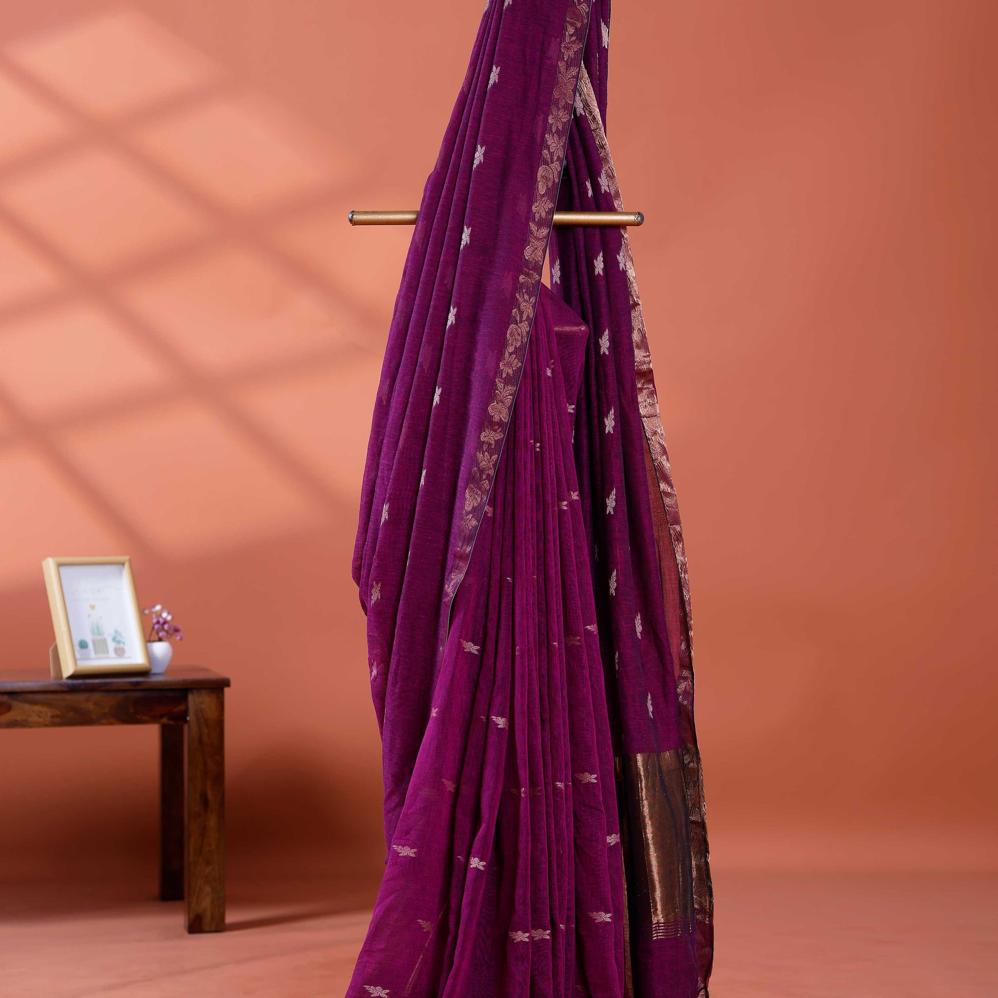 Elegant Golden Zari Cotton Saree With Zari Border and Motifs - Purple