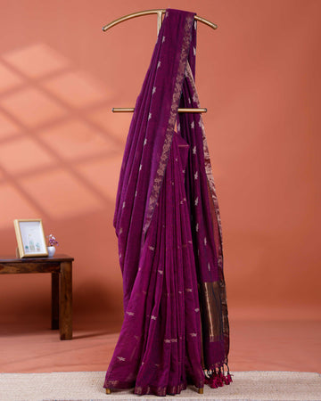 Elegant Golden Zari Cotton Saree With Zari Border and Motifs - Purple