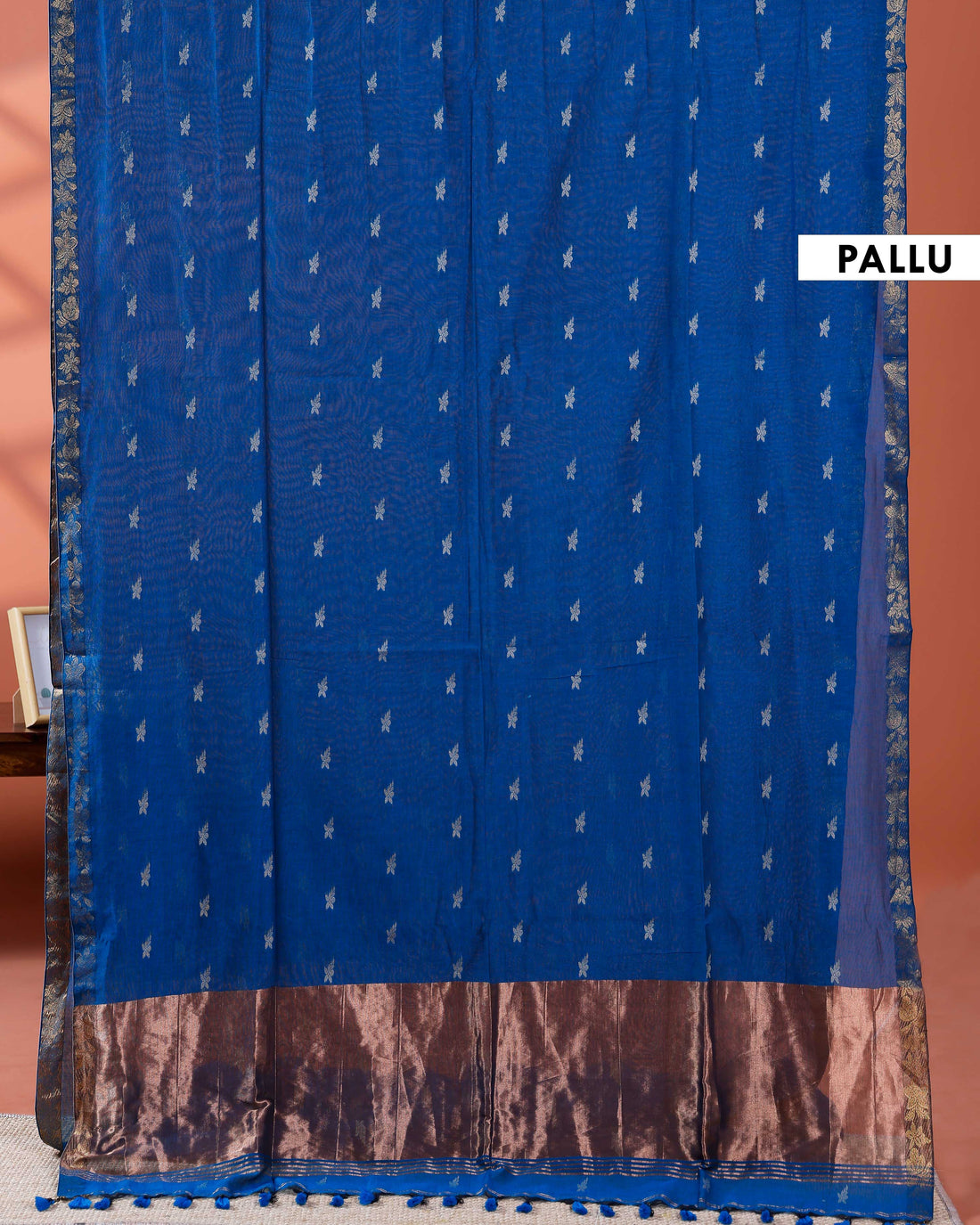 Elegant Golden Zari Cotton Saree With Zari Border and Motifs - Blue