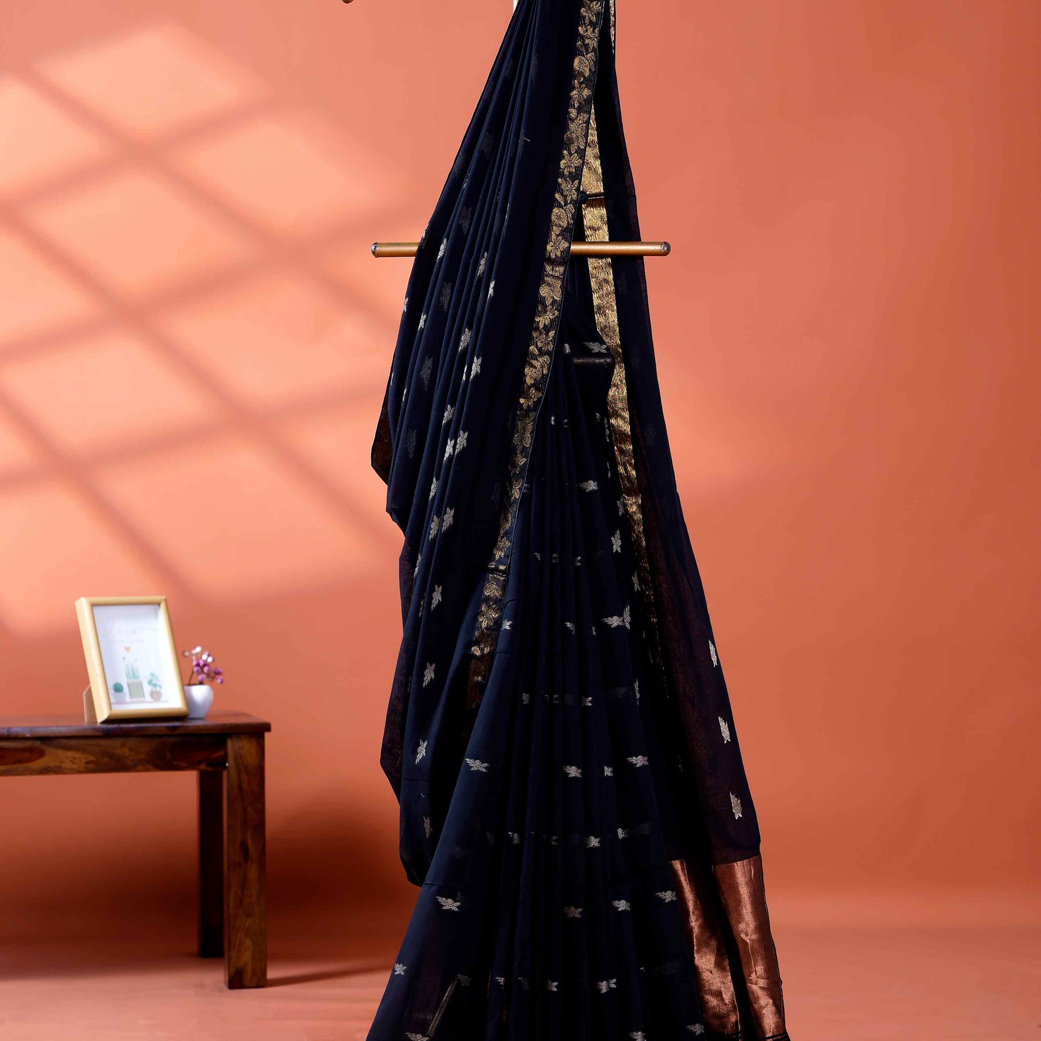 Elegant Golden Zari Cotton Saree With Zari Border and Motifs - Navy Blue