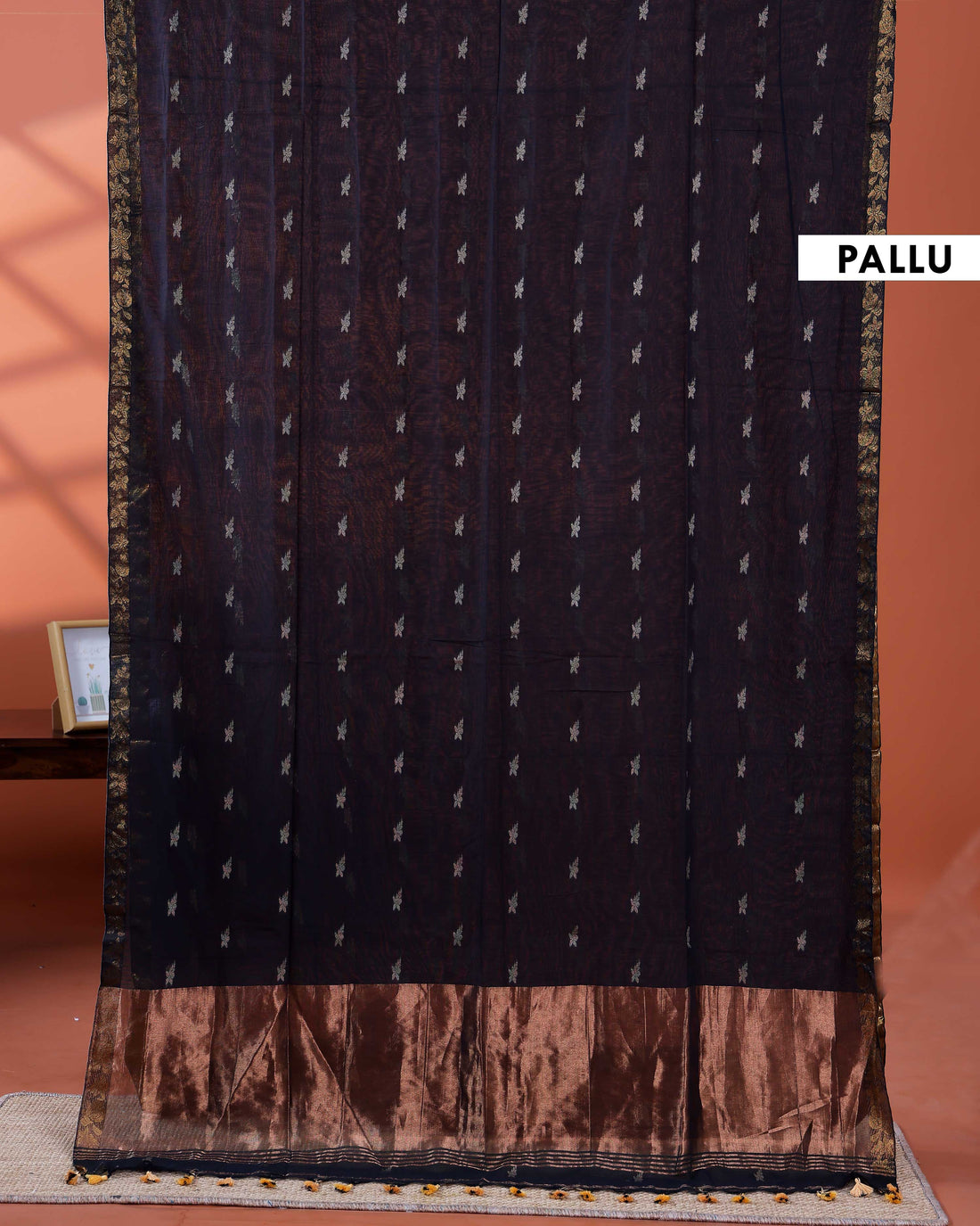 Elegant Golden Zari Cotton Saree With Zari Border and Motifs - Navy Blue