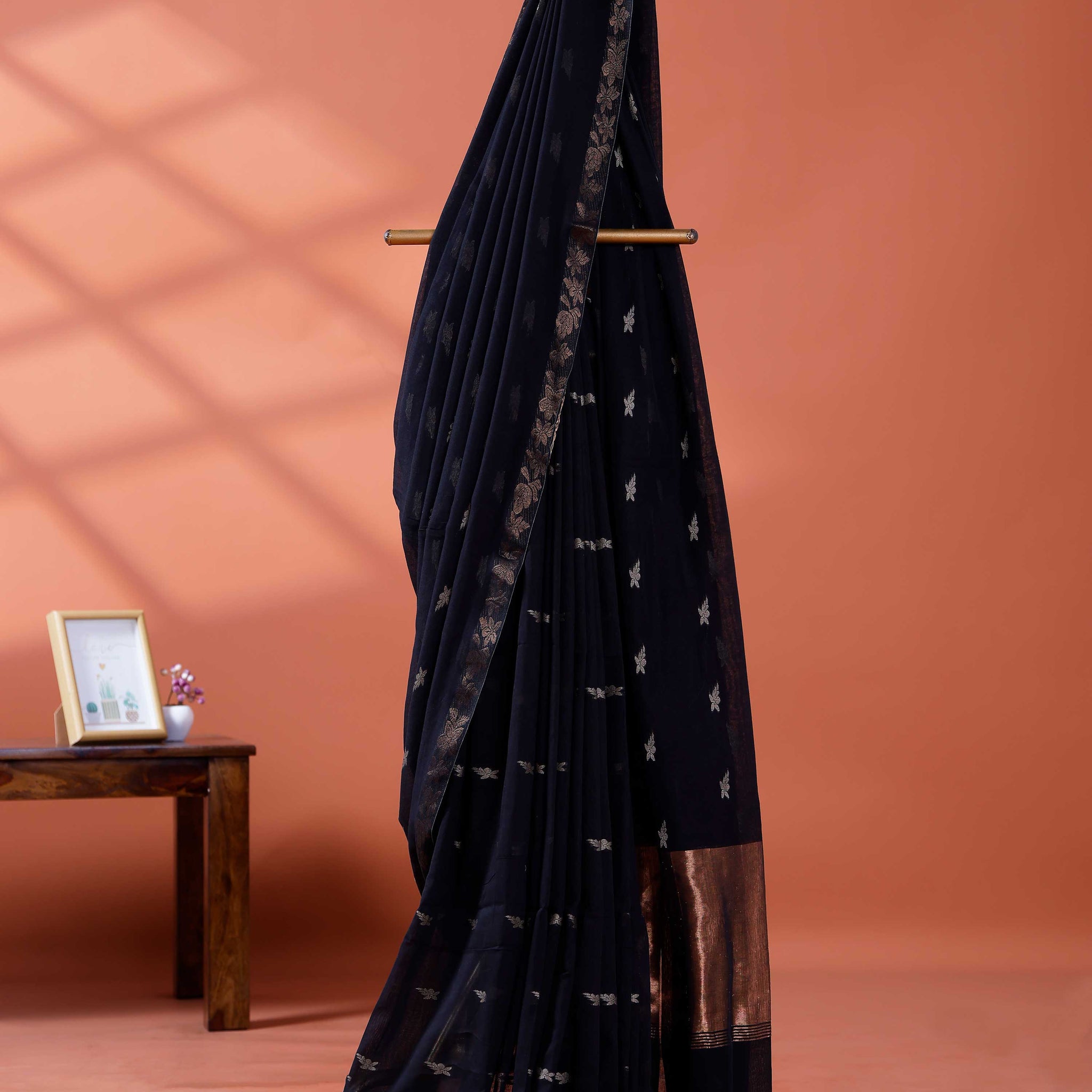 Elegant Golden Zari Cotton Saree With Zari Border and Motifs - Black