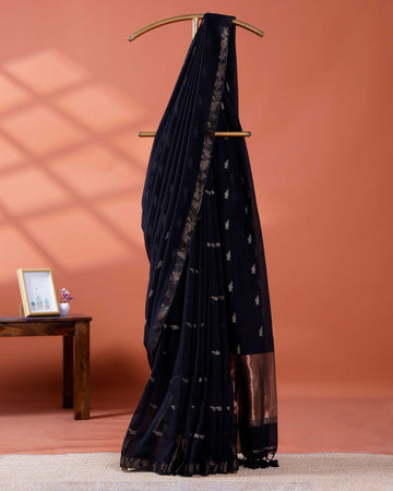 Elegant Golden Zari Cotton Saree With Zari Border and Motifs - Black