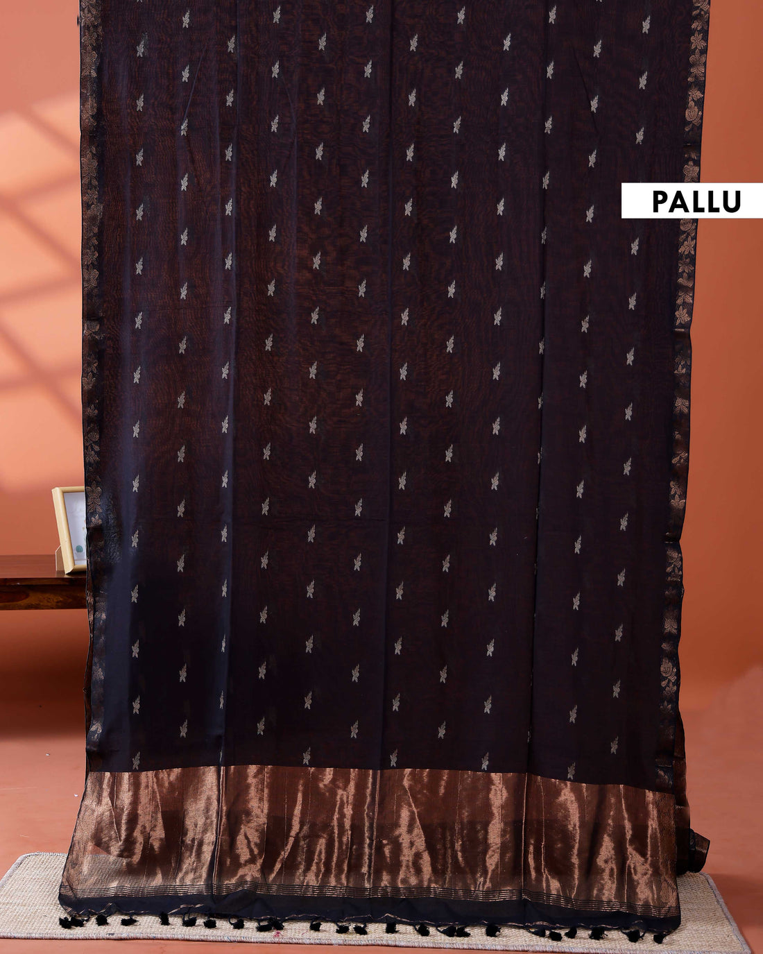 Elegant Golden Zari Cotton Saree With Zari Border and Motifs - Black