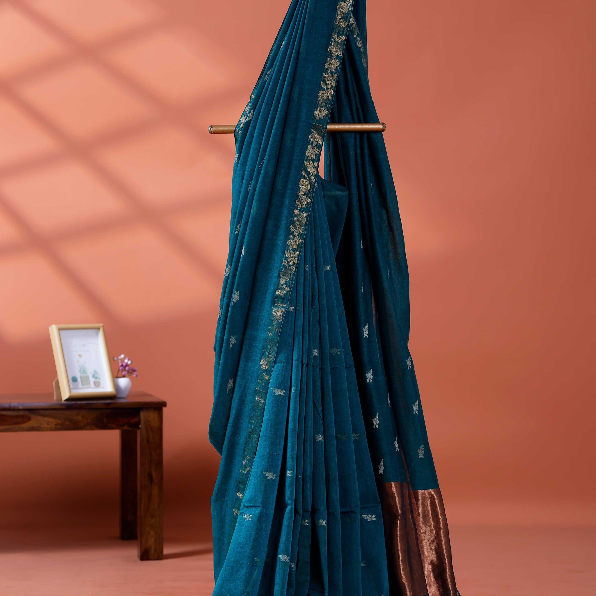 Elegant Golden Zari Cotton Saree With Zari Border and Motifs - Teal