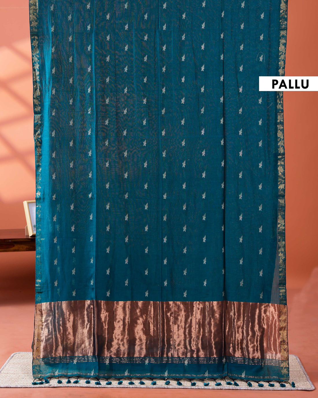 Elegant Golden Zari Cotton Saree With Zari Border and Motifs - Teal