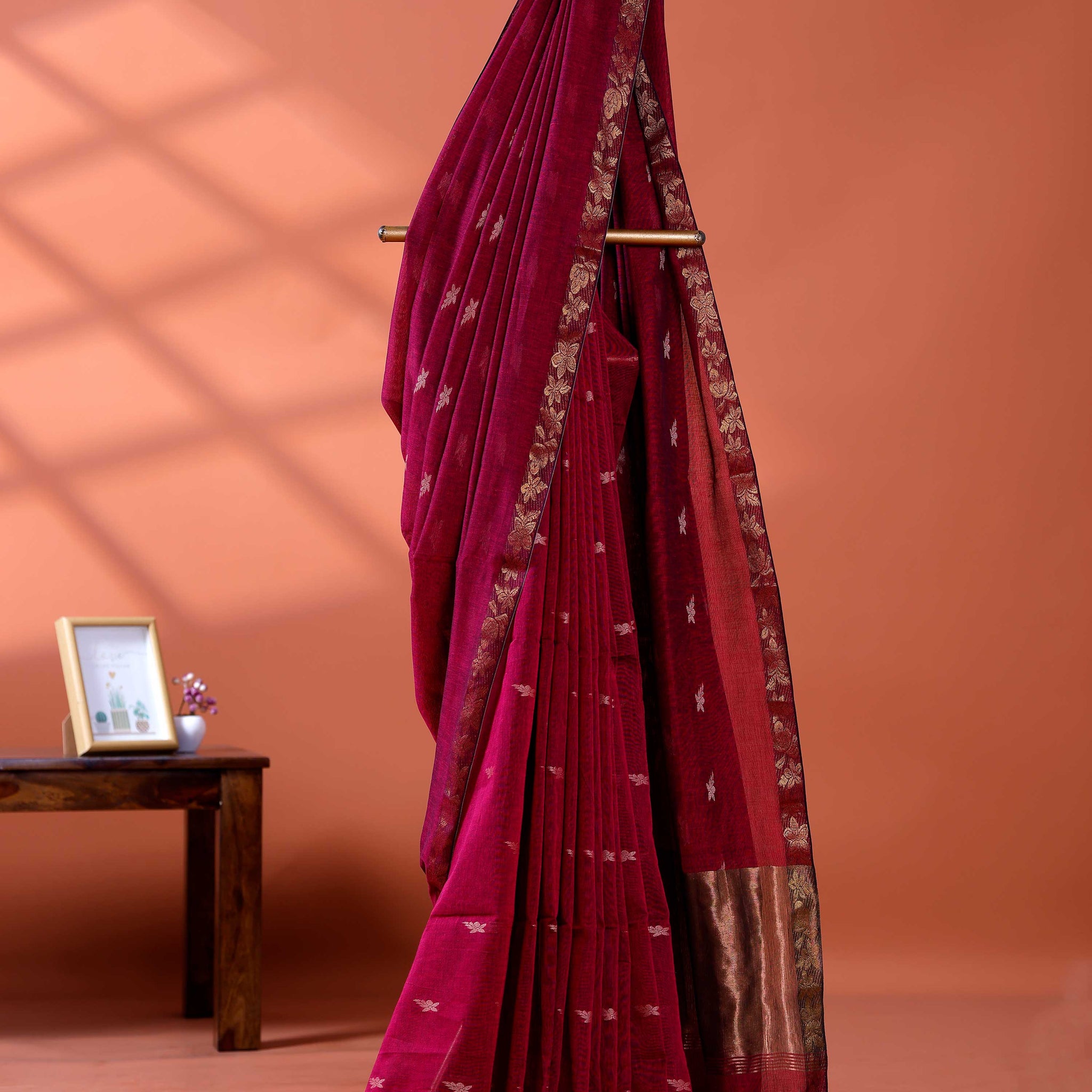 Elegant Golden Zari Cotton Saree With Zari Border and Motifs - Purple