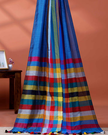 Handloom Mul Mul Cotton Saree with Vertical Stripe Pattern and Decorative Tassels - Blue