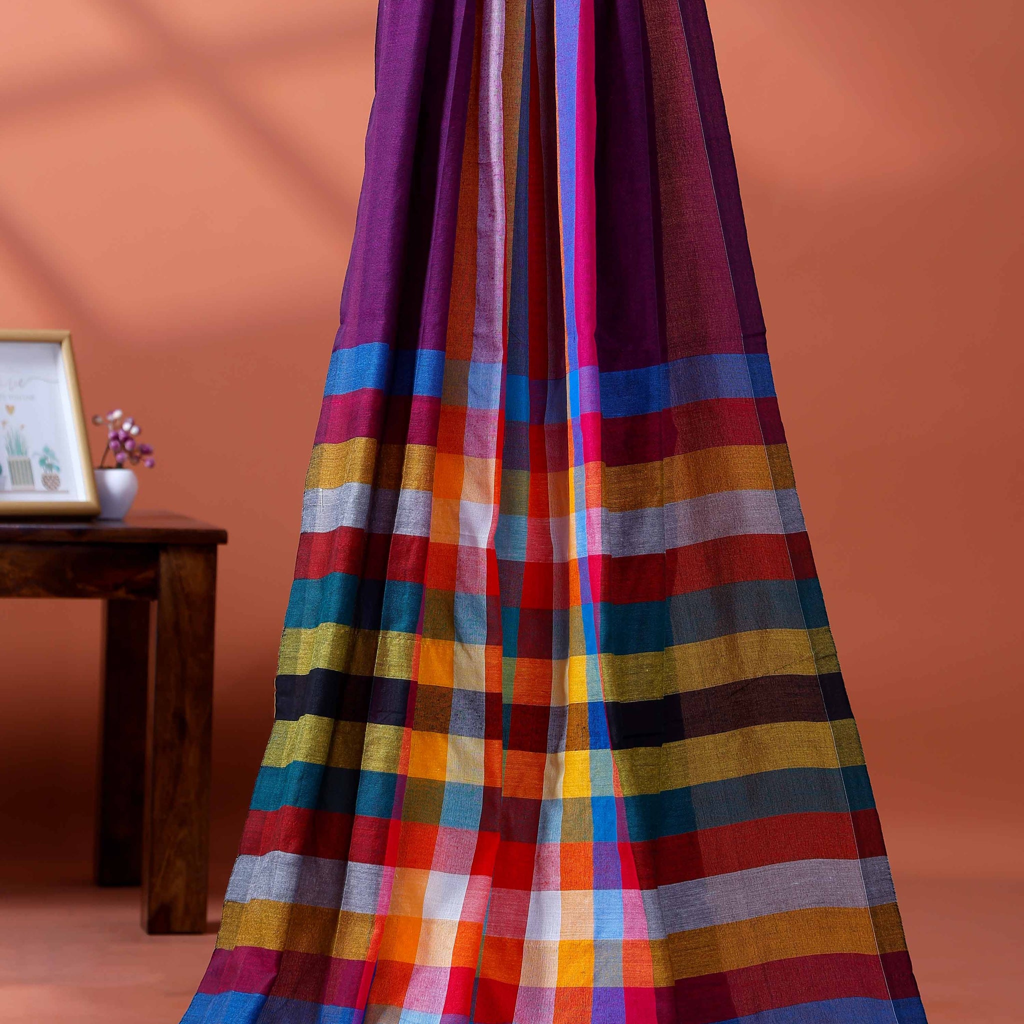 Handloom Mul Mul Cotton Saree with Vertical Stripe Pattern and Decorative Tassels - Purple