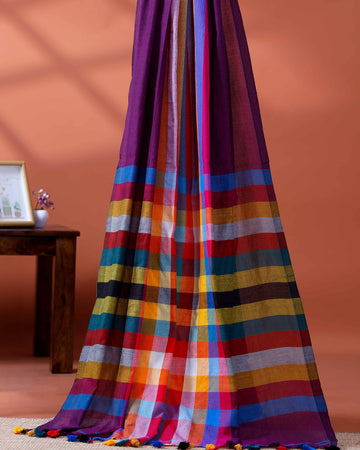 Handloom Mul Mul Cotton Saree with Vertical Stripe Pattern and Decorative Tassels - Purple