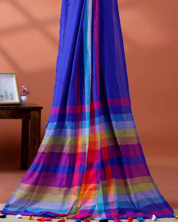 Handloom Mul Mul Cotton Saree with Vertical Stripe Pattern and Decorative Tassels - Blue