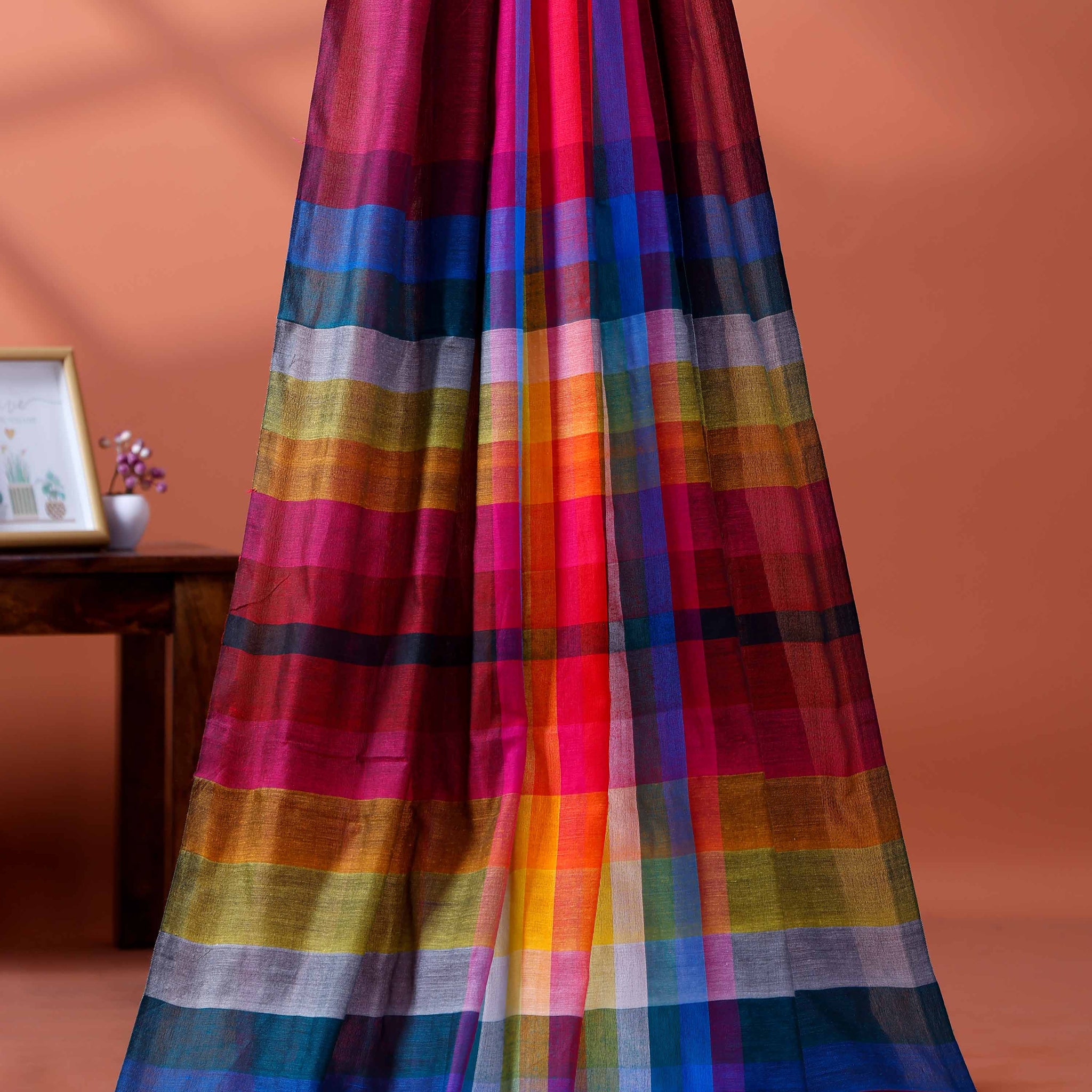 Handloom Mul Mul Cotton Saree with Vertical Stripe Pattern and Decorative Tassels - Multi