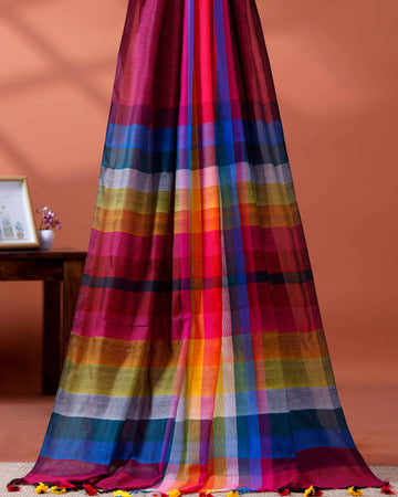 Handloom Mul Mul Cotton Saree with Vertical Stripe Pattern and Decorative Tassels - Multi