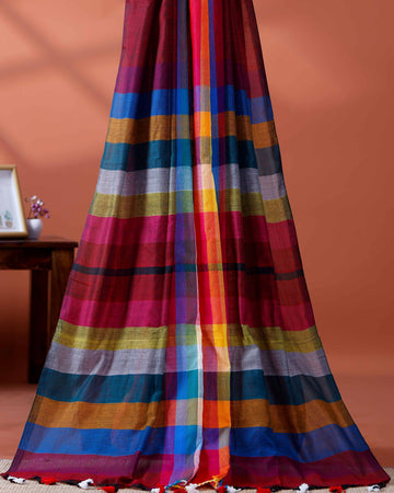 Handloom Mul Mul Cotton Saree with Vertical Stripe Pattern and Decorative Tassels - Maroon