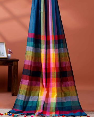 Handloom Mul Mul Cotton Saree with Vertical Stripe Pattern and Decorative Tassels - Teal