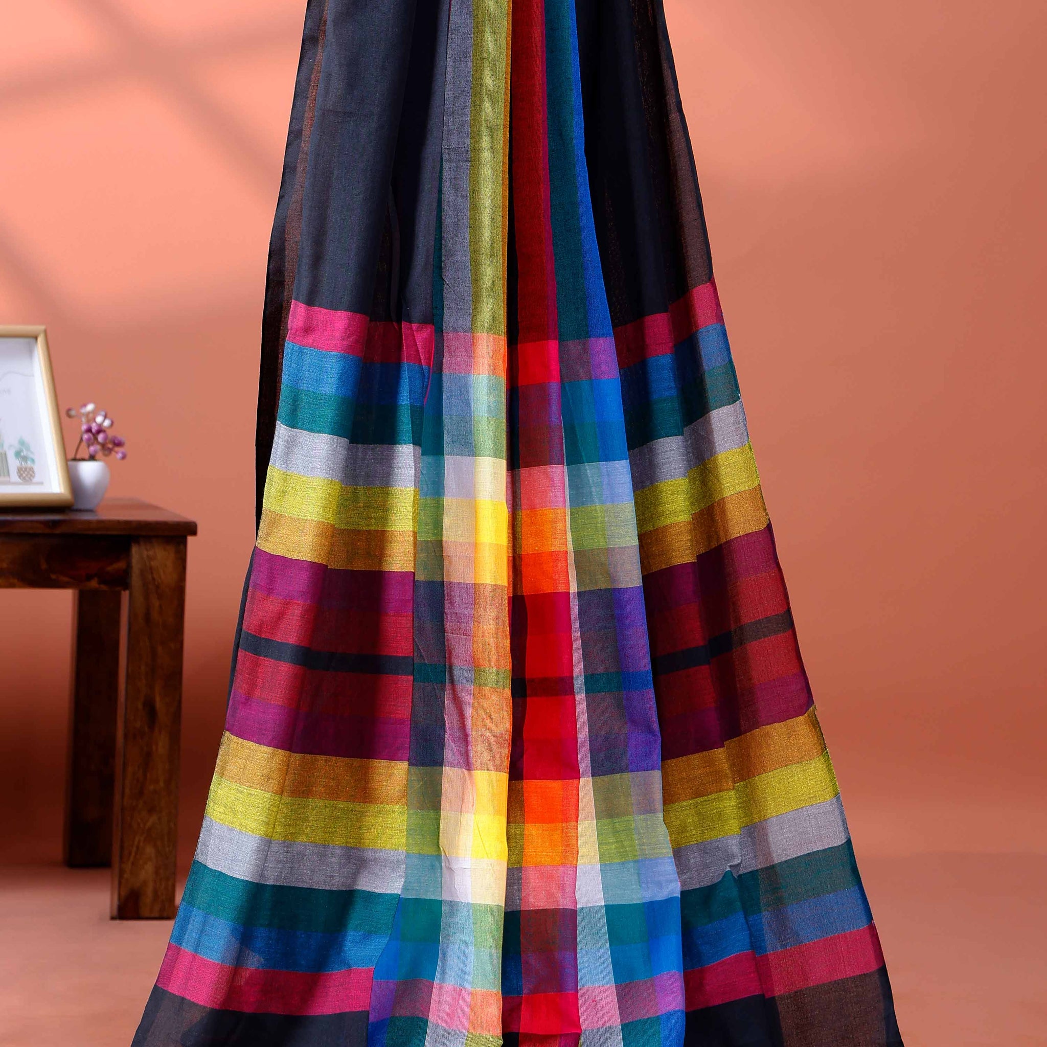 Handloom Mul Mul Cotton Saree with Vertical Stripe Pattern and Decorative Tassels - Black