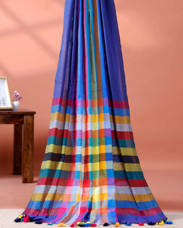 Handloom Mul Mul Cotton Saree with Vertical Stripe Pattern and Decorative Tassels - Blue