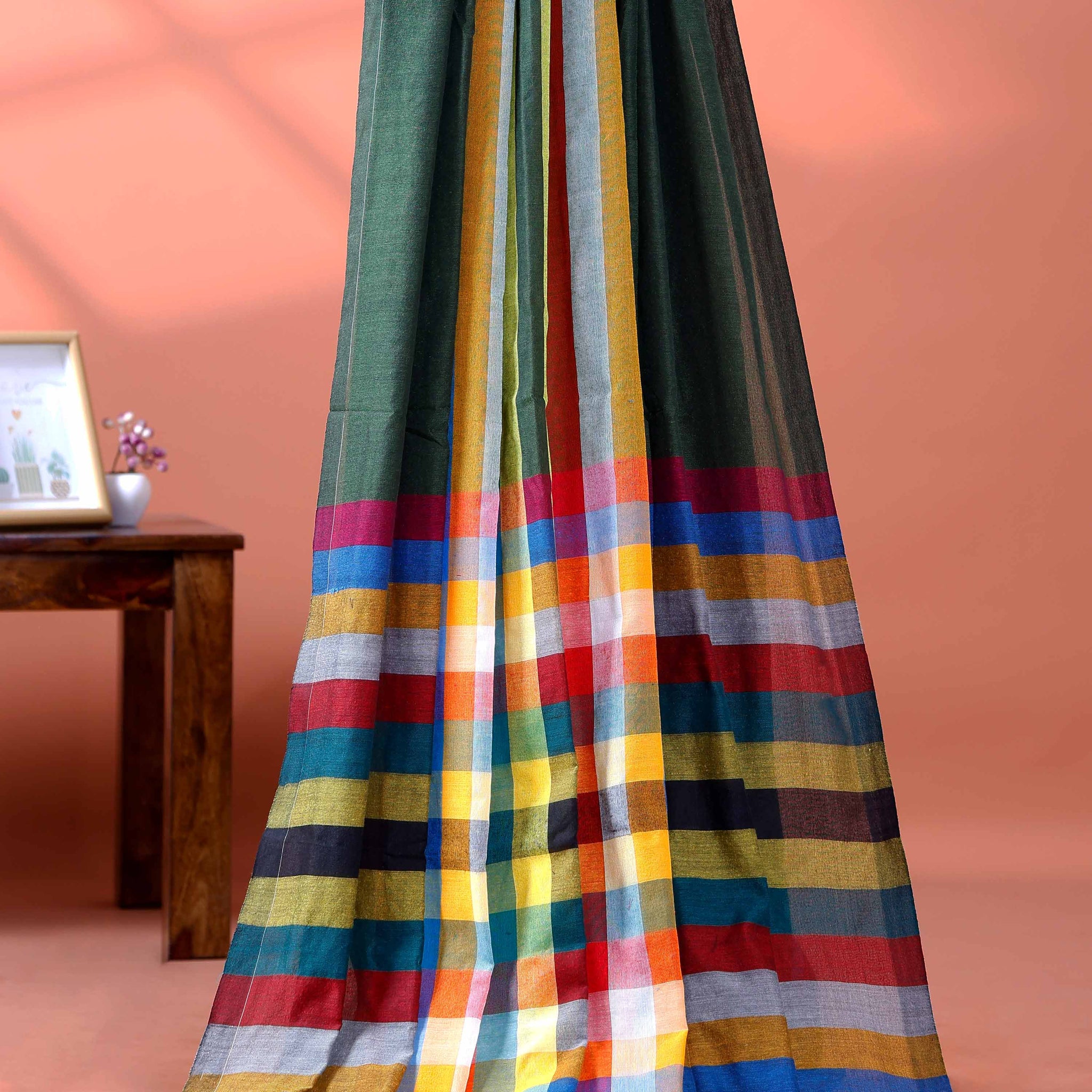 Handloom Mul Mul Cotton Saree with Vertical Stripe Pattern and Decorative Tassels - Green