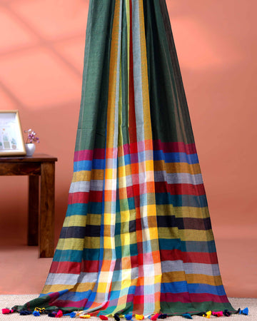 Handloom Mul Mul Cotton Saree with Vertical Stripe Pattern and Decorative Tassels - Green
