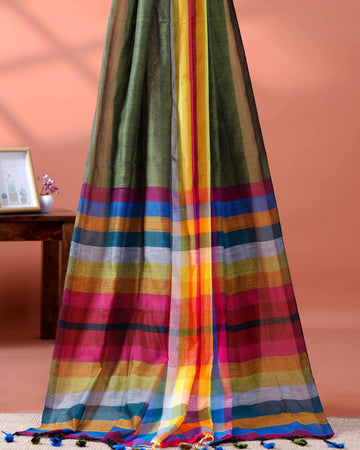 Handloom Mul Mul Cotton Saree with Vertical Stripe Pattern and Decorative Tassels - Green