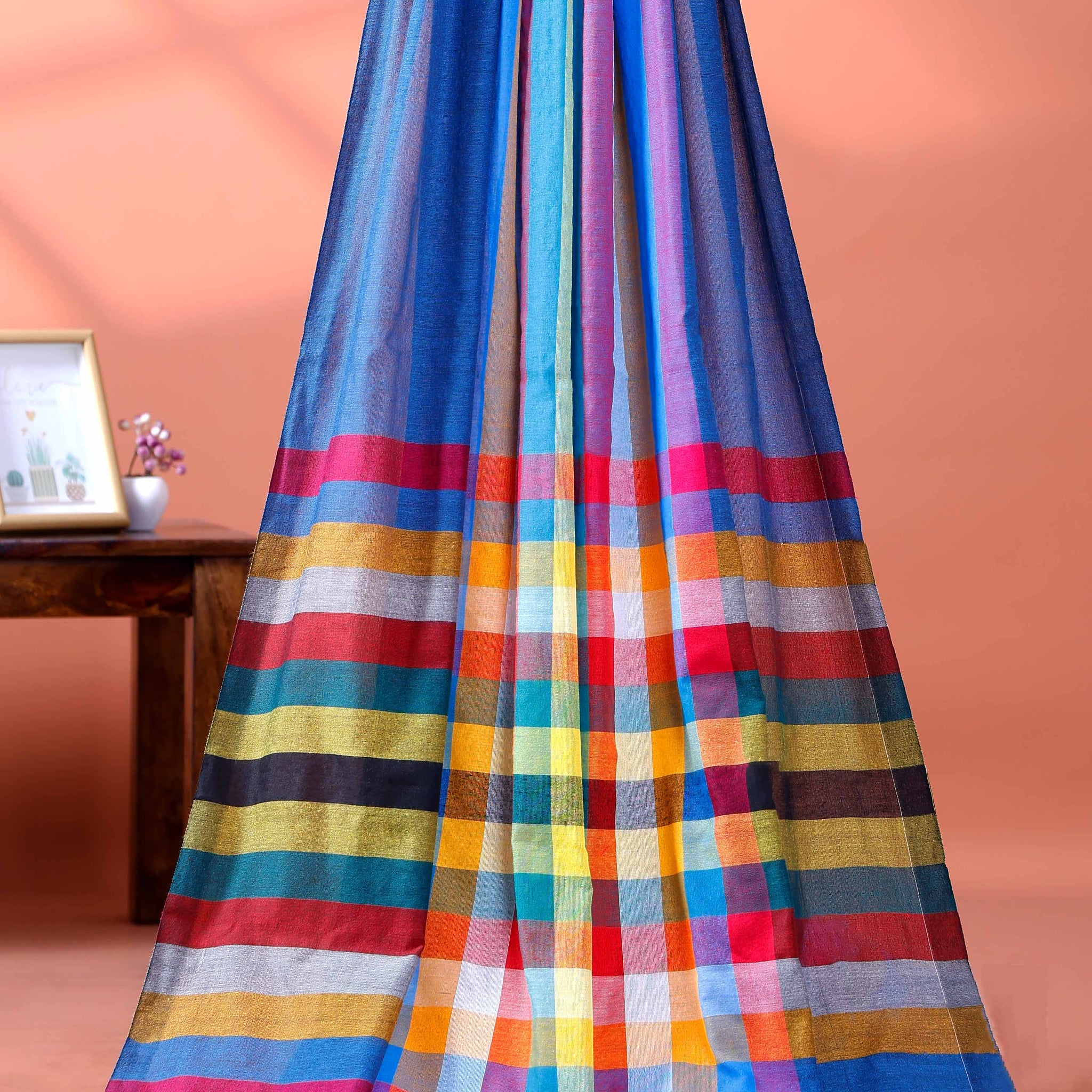 Handloom Mul Mul Cotton Saree with Vertical Stripe Pattern and Decorative Tassels - Multi