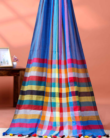 Handloom Mul Mul Cotton Saree with Vertical Stripe Pattern and Decorative Tassels - Multi