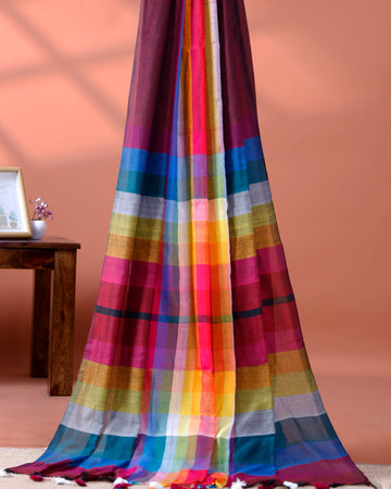 Handloom Mul Mul Cotton Saree with Vertical Stripe Pattern and Decorative Tassels - Maroon