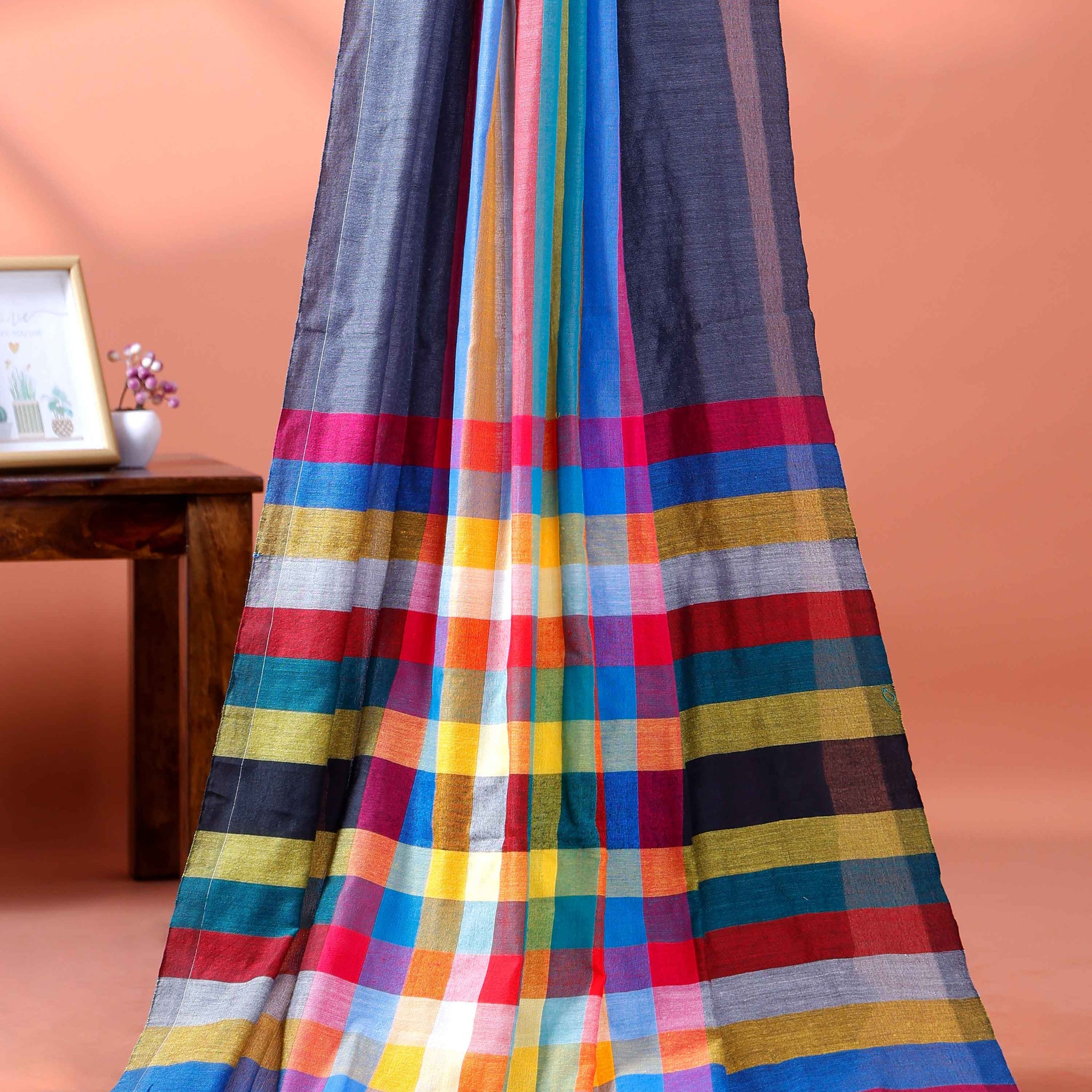 Handloom Mul Mul Cotton Saree with Vertical Stripe Pattern and Decorative Tassels - Grey