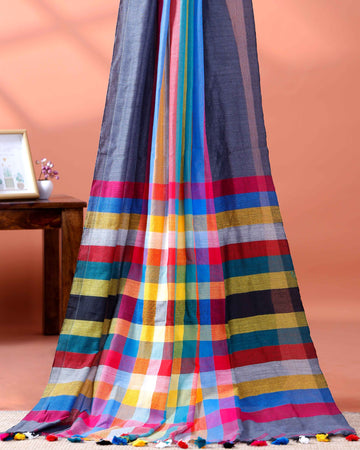 Handloom Mul Mul Cotton Saree with Vertical Stripe Pattern and Decorative Tassels - Grey