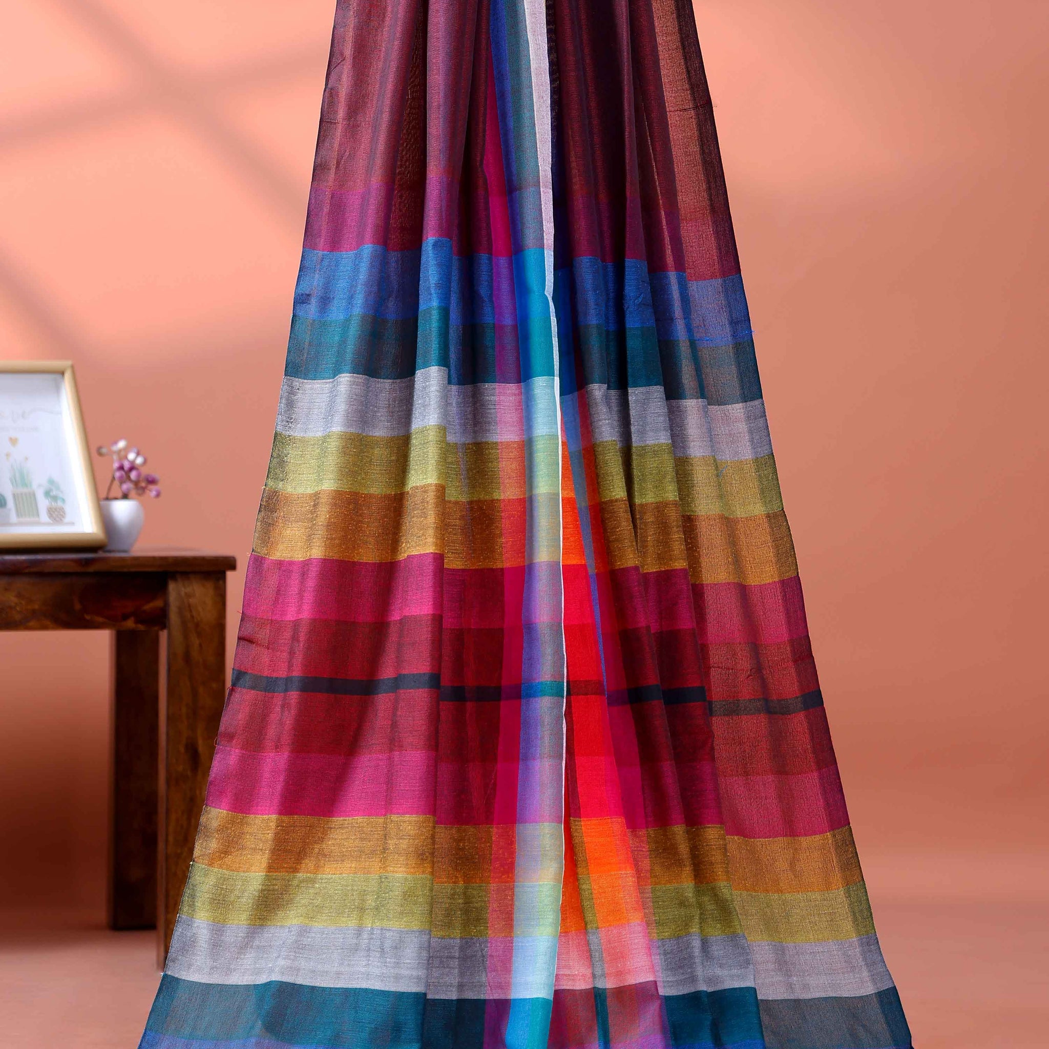 Handloom Mul Mul Cotton Saree with Vertical Stripe Pattern and Decorative Tassels - Dark Maroon