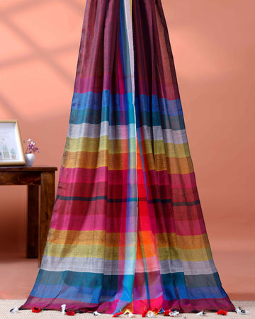Handloom Mul Mul Cotton Saree with Vertical Stripe Pattern and Decorative Tassels - Dark Maroon