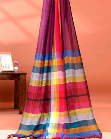 Handloom Mul Mul Cotton Saree with Vertical Stripe Pattern and Decorative Tassels - Purple