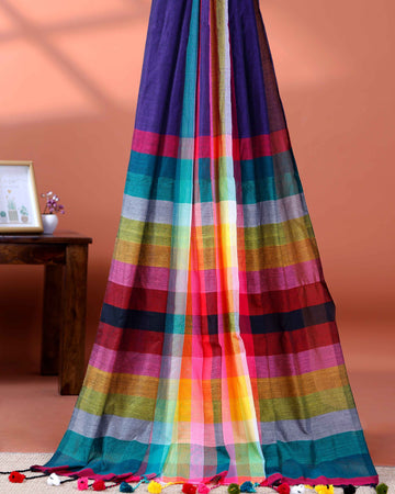 Handloom Mul Mul Cotton Saree with Vertical Stripe Pattern and Decorative Tassels -Blue