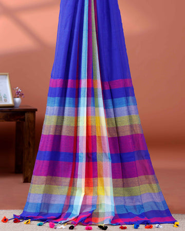Handloom Mul Mul Cotton Saree with Vertical Stripe Pattern and Decorative Tassels -Blue