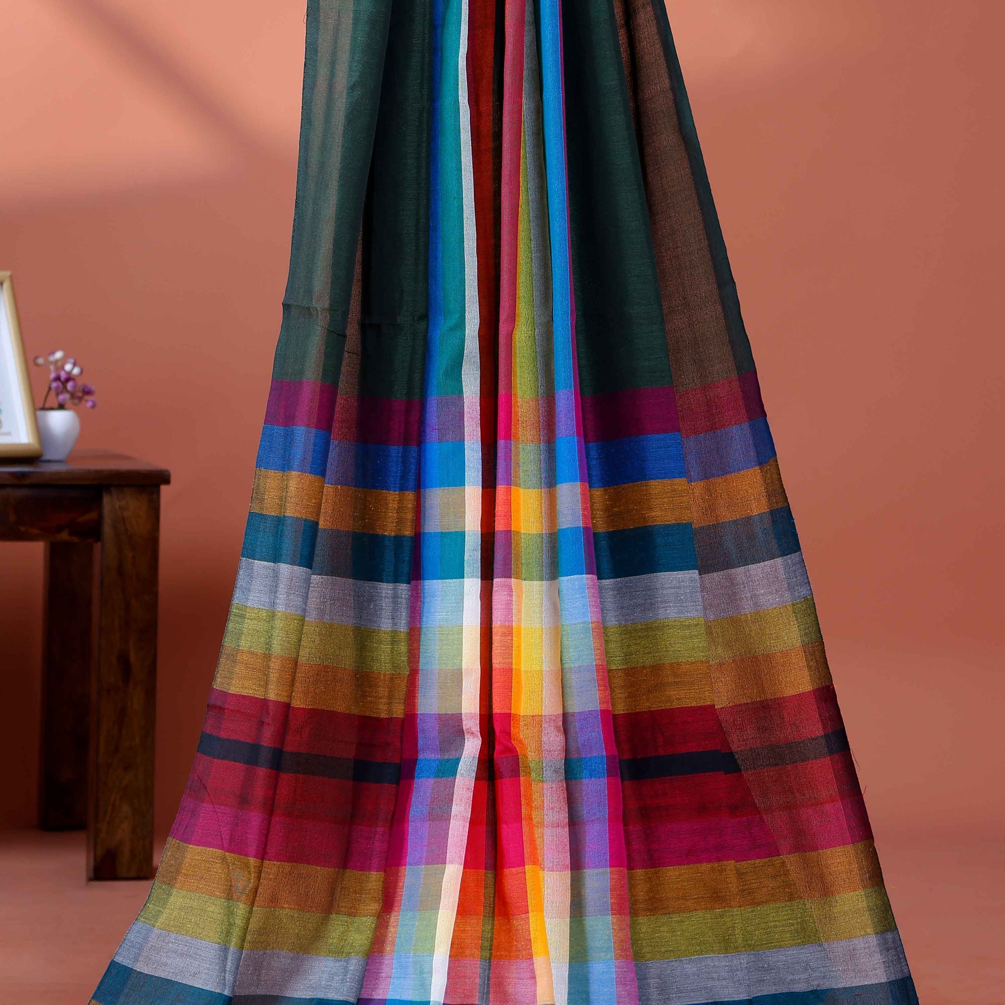 Handloom Mul Mul Cotton Saree with Vertical Stripe Pattern and Decorative Tassels - Dark Green
