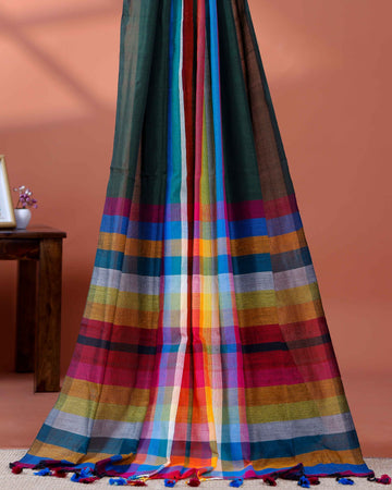 Handloom Mul Mul Cotton Saree with Vertical Stripe Pattern and Decorative Tassels - Dark Green