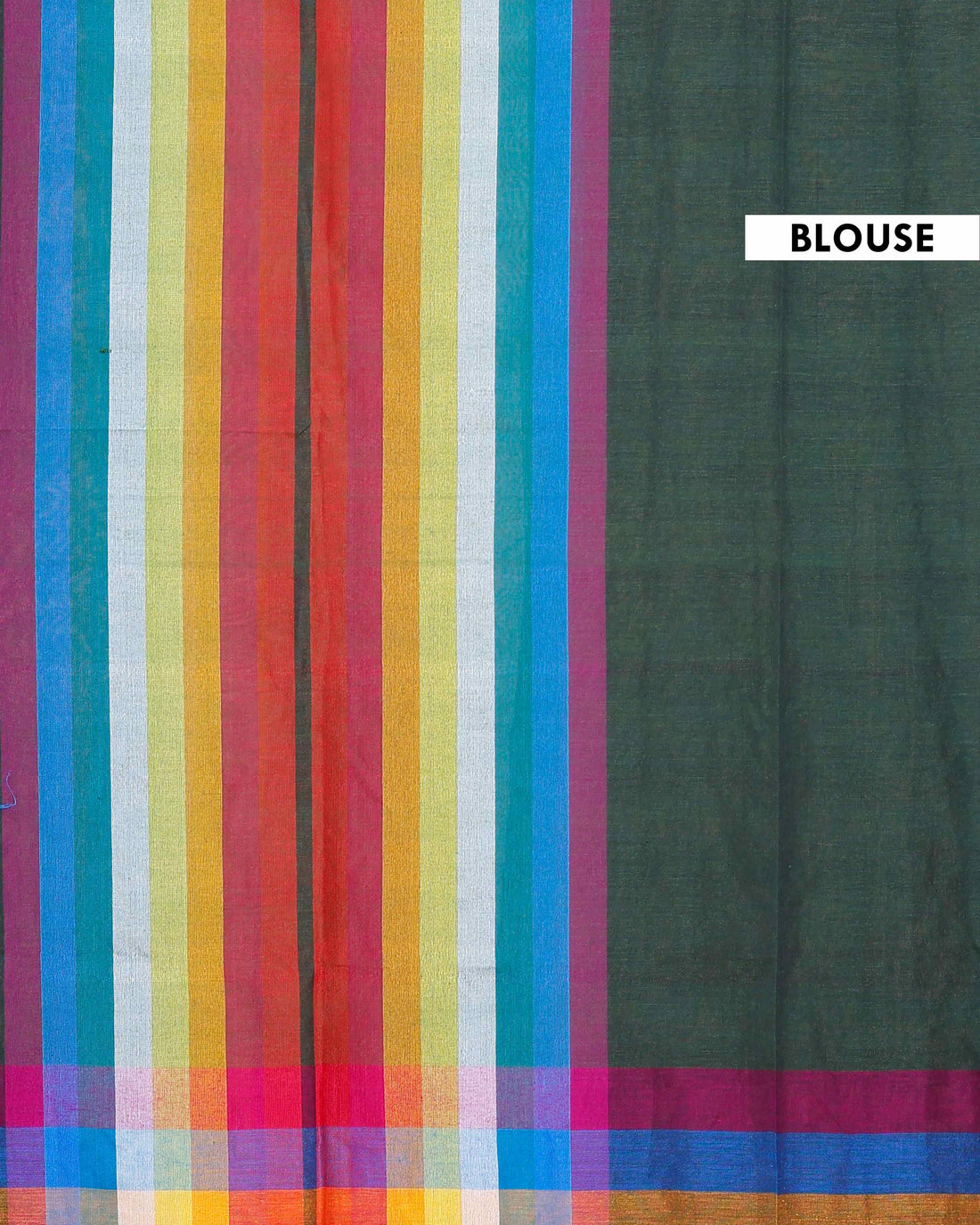Handloom Mul Mul Cotton Saree with Vertical Stripe Pattern and Decorative Tassels - Dark Green