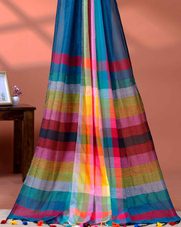 Handloom Mul Mul Cotton Saree with Vertical Stripe Pattern and Decorative Tassels - Teal